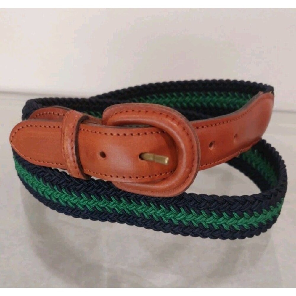 Blue Green Braided Stretch Belt Full Grain Leather Trim Made in Italy Sz 36 / 90